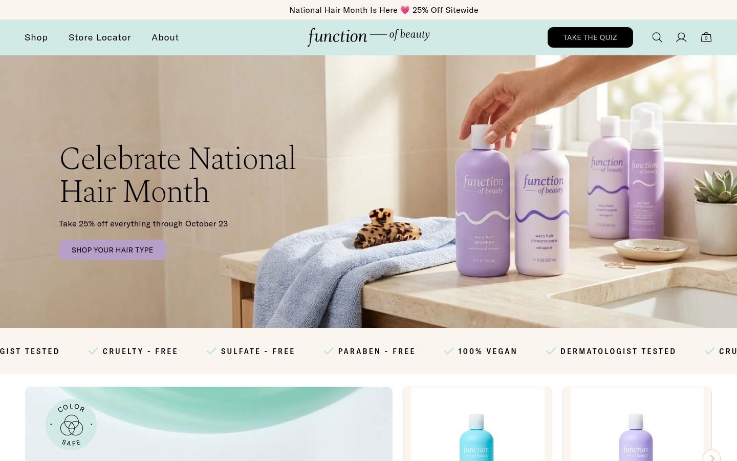 Function of Beauty homepage: custom shampoo and conditioner bottles