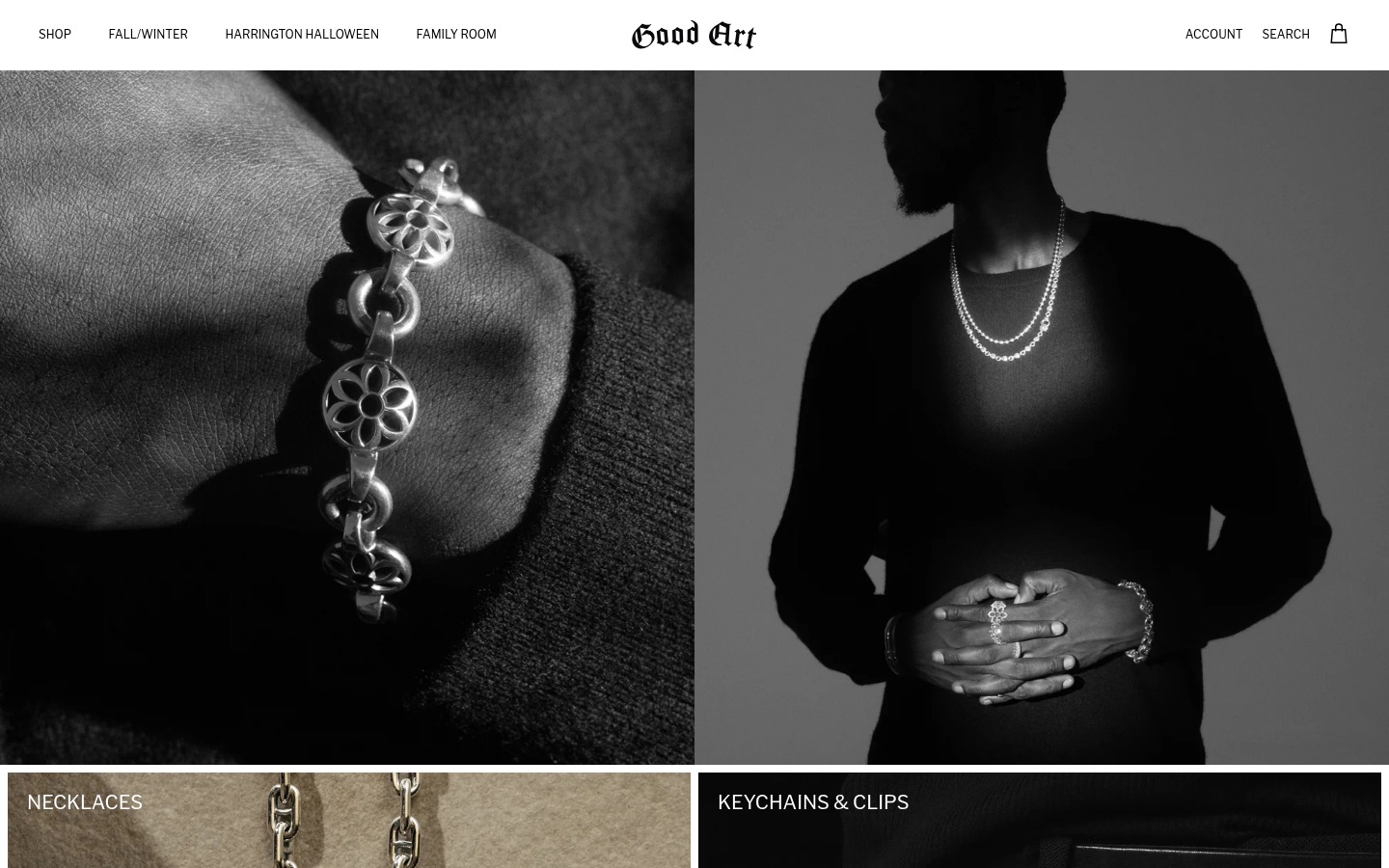 Good Art HLYWD homepage: hand-made silver bracelet and chain necklaces
