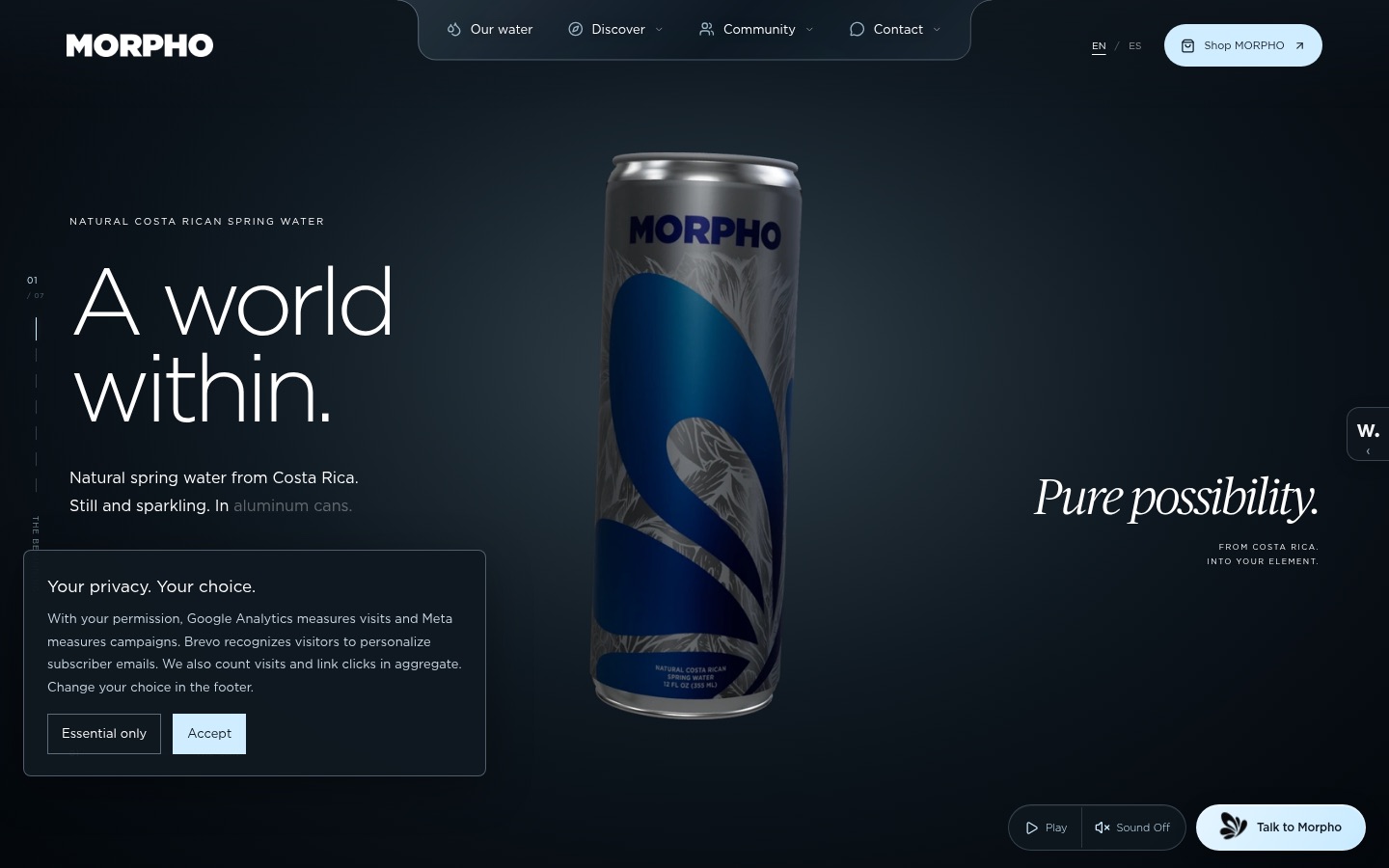 MORPHO homepage: a can of natural Costa Rican spring water