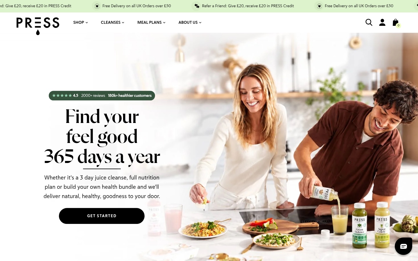 PRESS homepage: two people preparing fresh juices and healthy meals