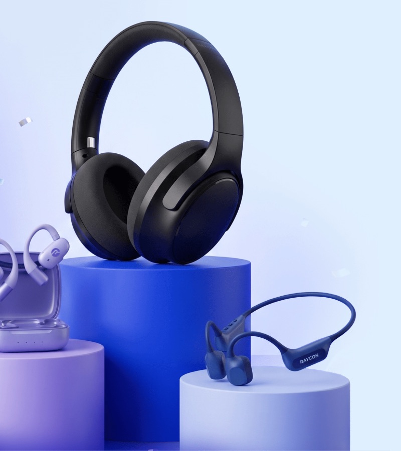 Raycon homepage: wireless headphones and earbuds on display stands